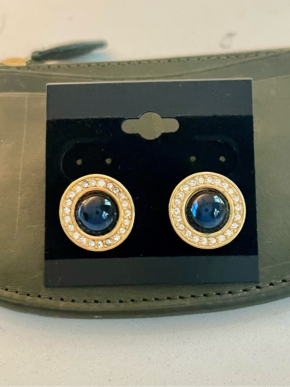 Vintage Gold-Tone Navy Crystal Dome Stud Earrings